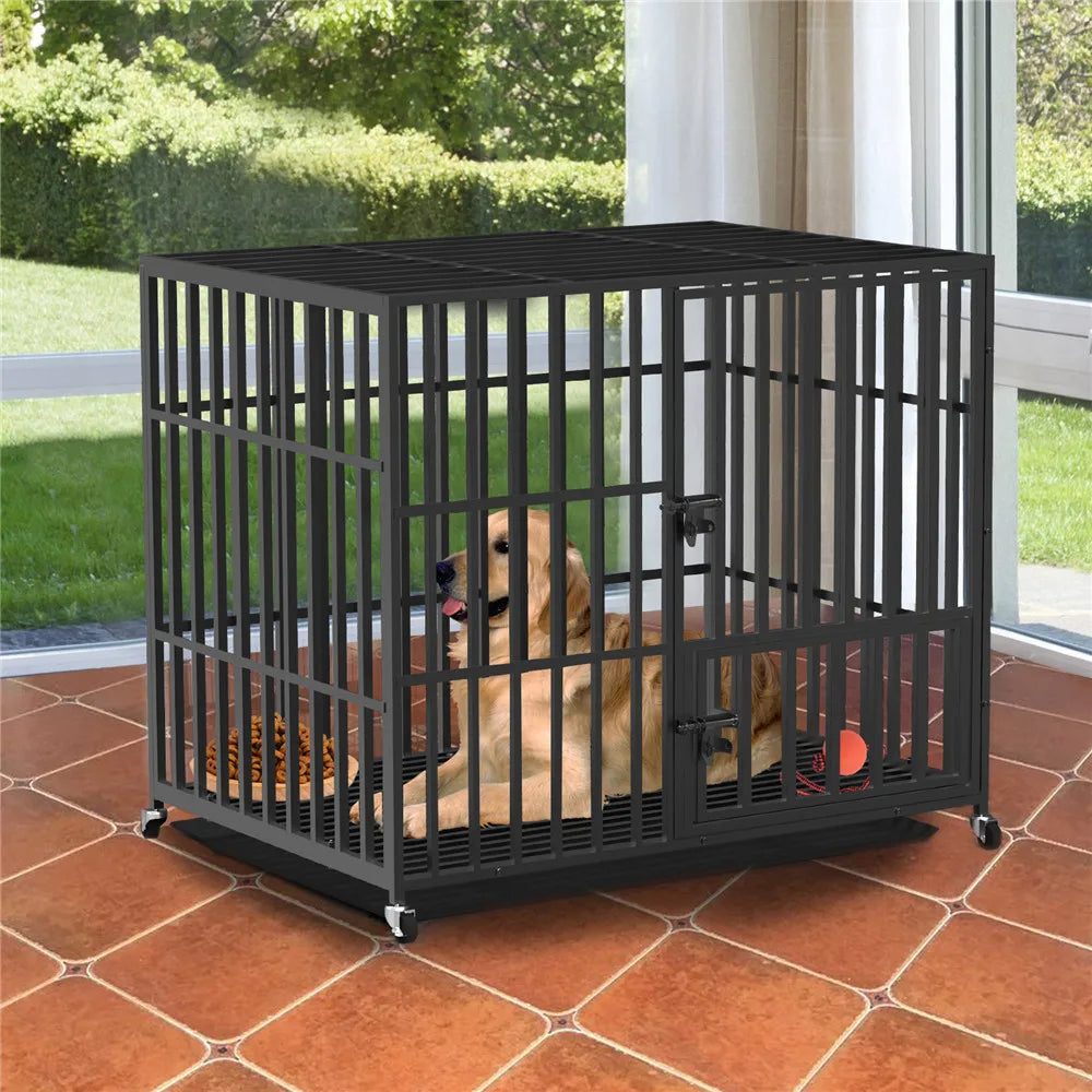 L- 37” XL- 42” XXL- 46” Heavy Duty Metal Dog Crate Kennel with 4 -Wheels and 3 Doors