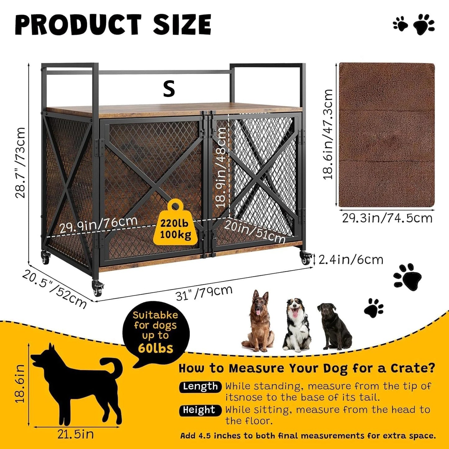Small 31" Large 41" Heavy Duty Wooden Dog Crate Kennel , End Table with Lockable Wheels