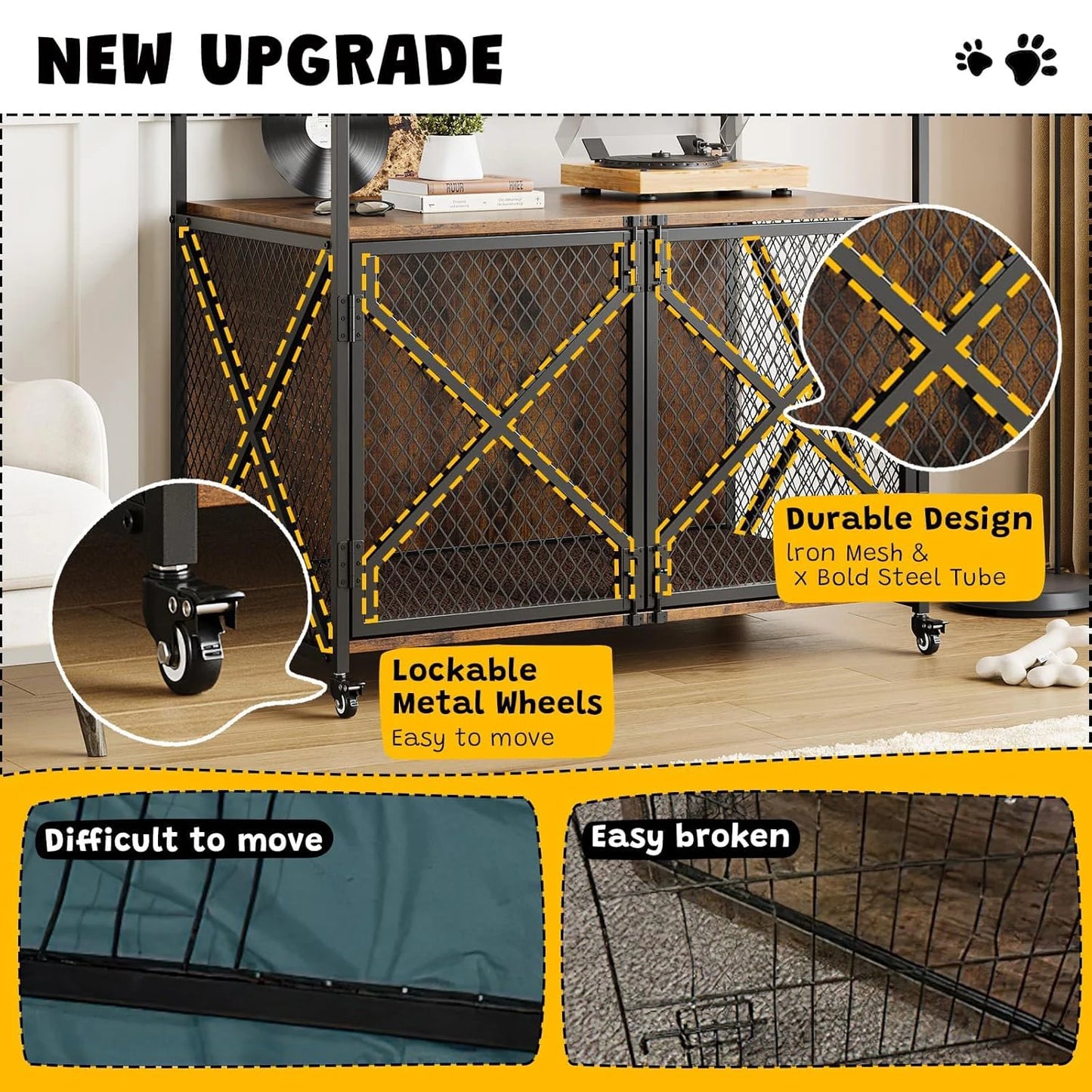 Small 31" Large 41" Heavy Duty Wooden Dog Crate Kennel , End Table with Lockable Wheels