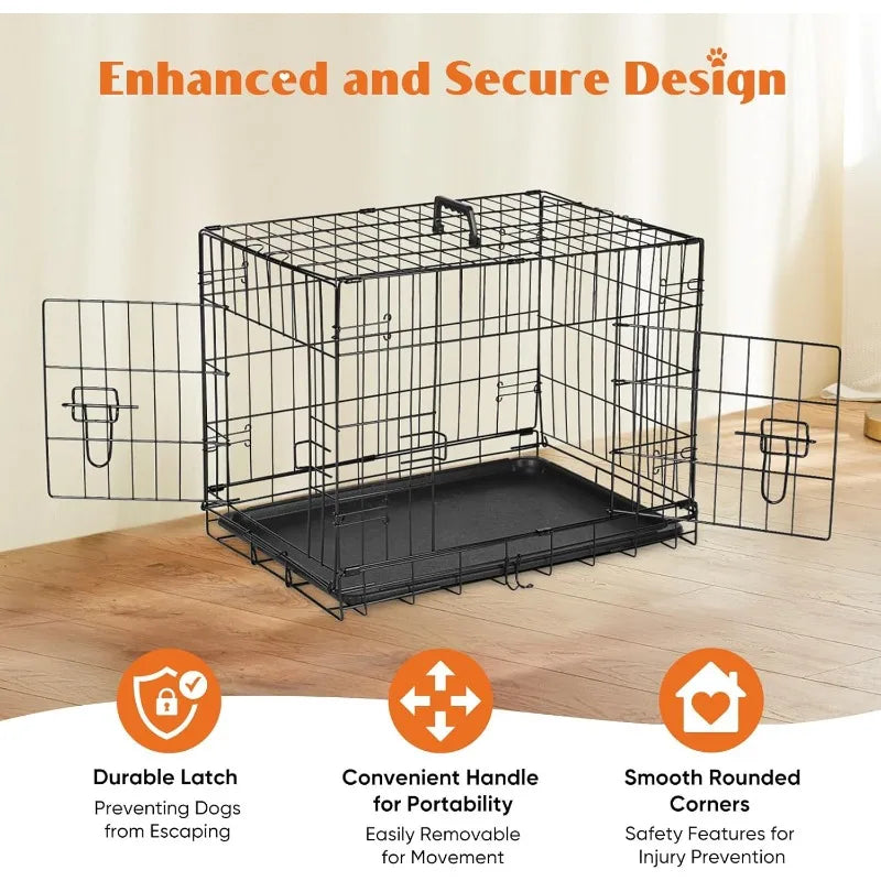 Medium 30" Folding Metal Dog Crate with Plastic Leak-Proof Pan Tray