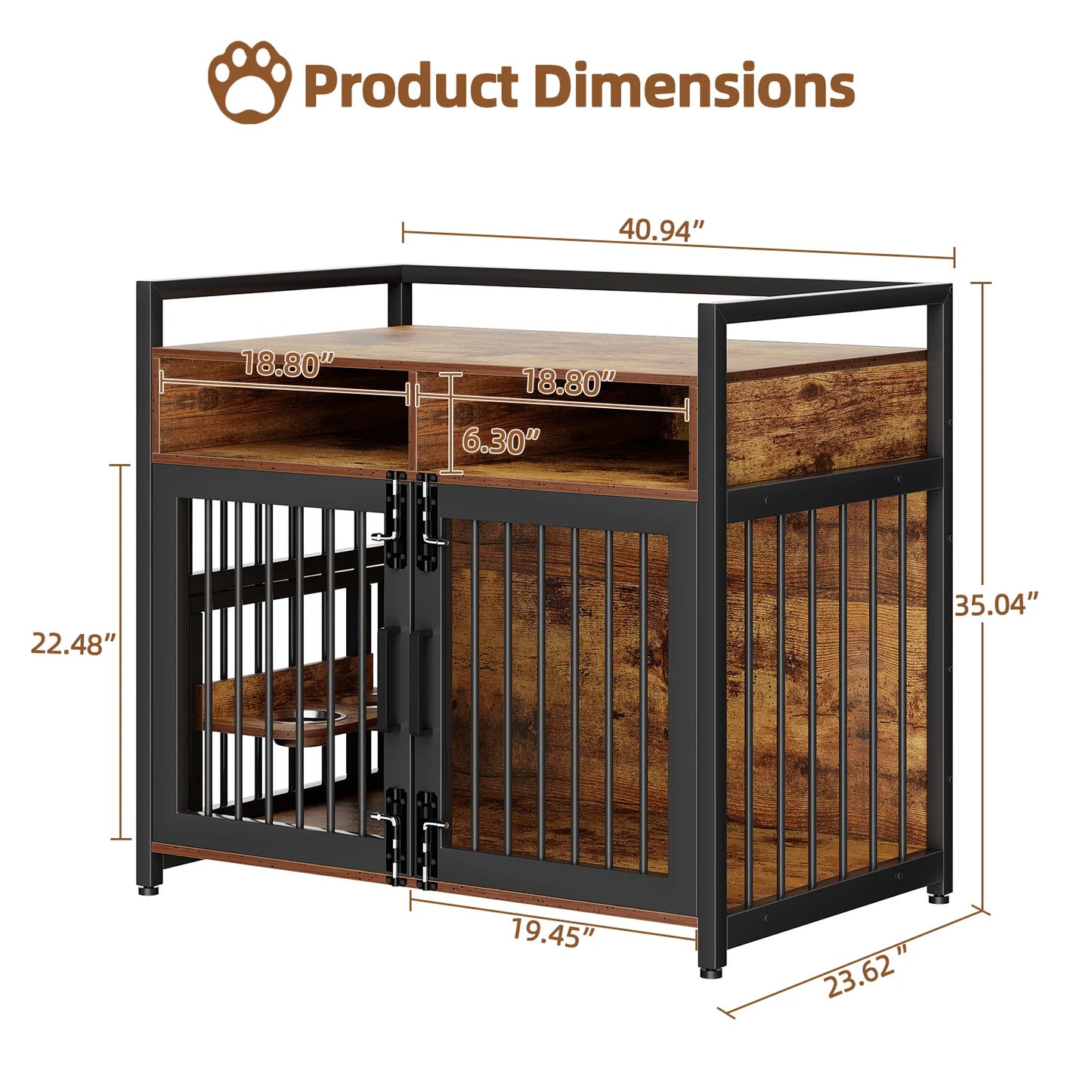 M -41" L- 48" Wooden Dog Crate with Storage Drawers and Adjustable Raised Feeder