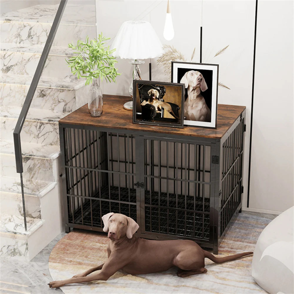 Large - Extra Large Wooden Dog Crate Kennel Furniture End Table with 3 Doors
