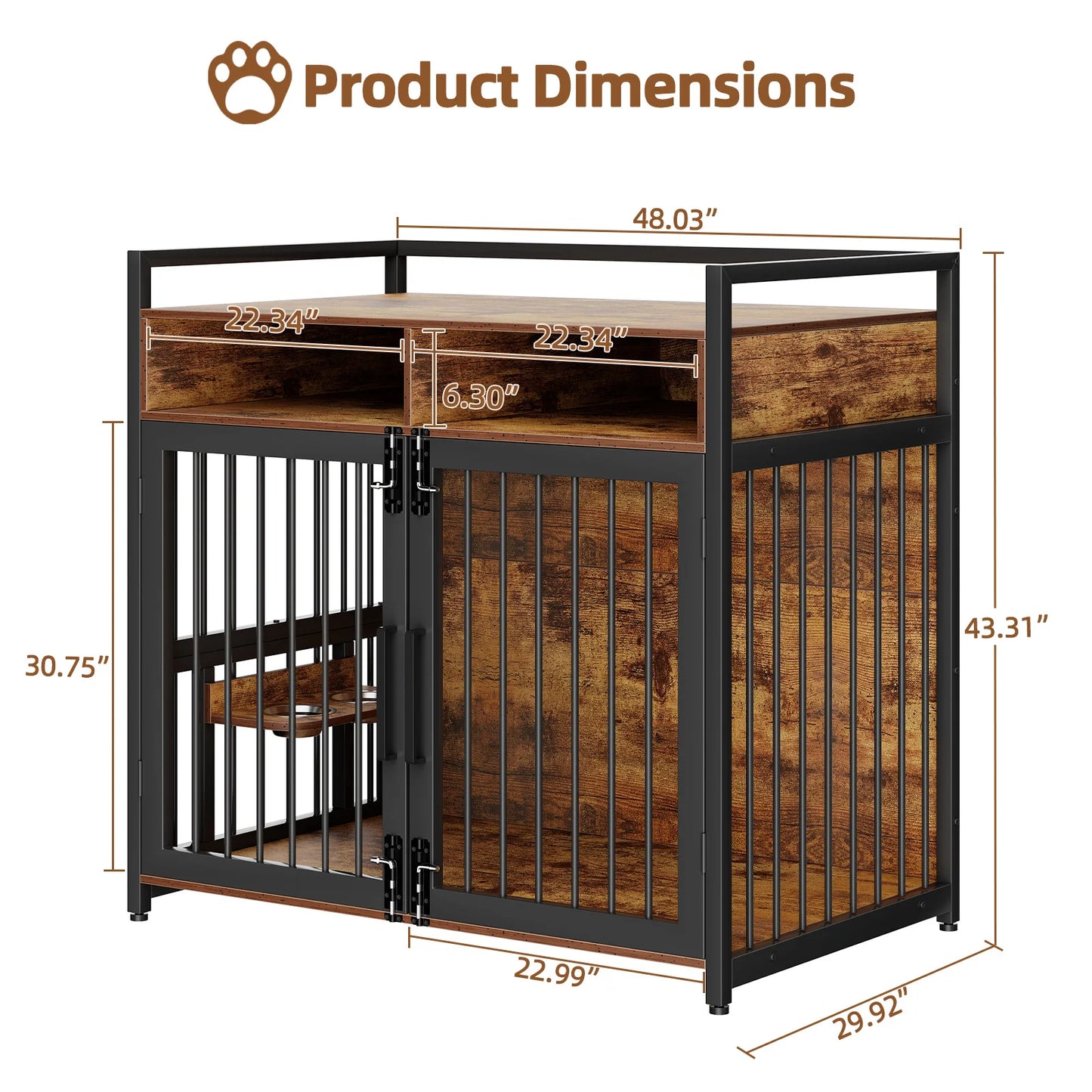 M -41" L- 48" Wooden Dog Crate with Storage Drawers and Adjustable Raised Feeder