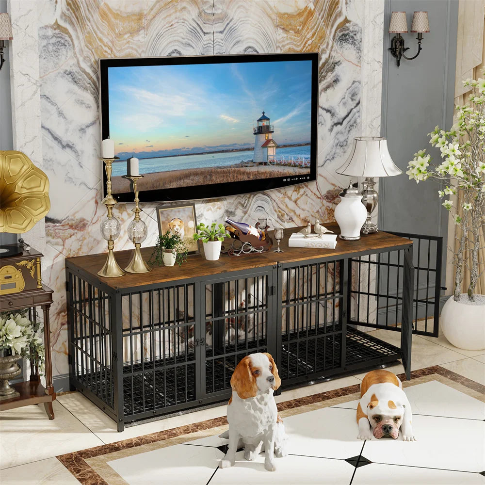 Large - Extra Large Wooden Dog Crate Kennel Furniture End Table with 3 Doors