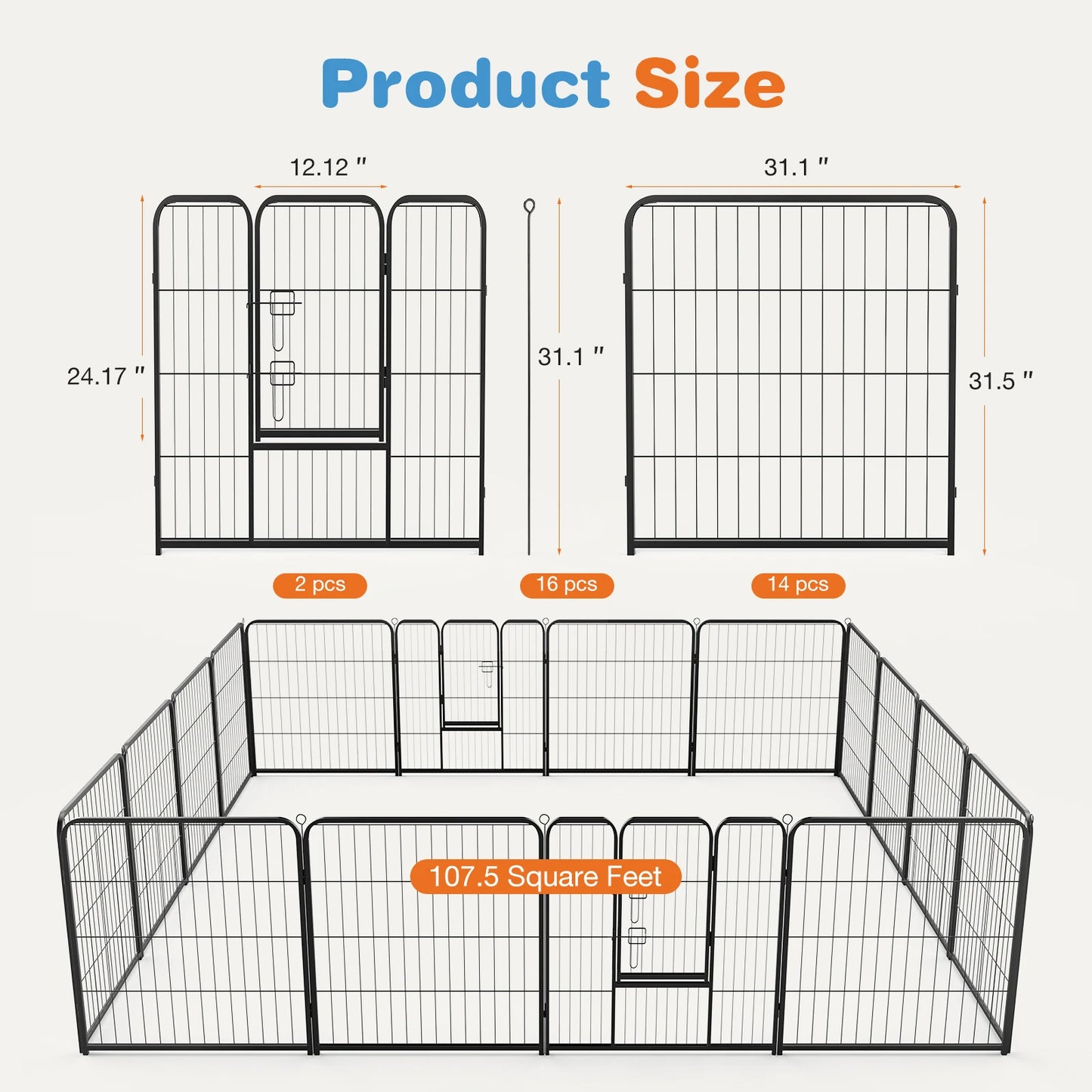 M- 24" L- 32" 16-Panel Metal Dog Playpen- Exercise Yard with Doors