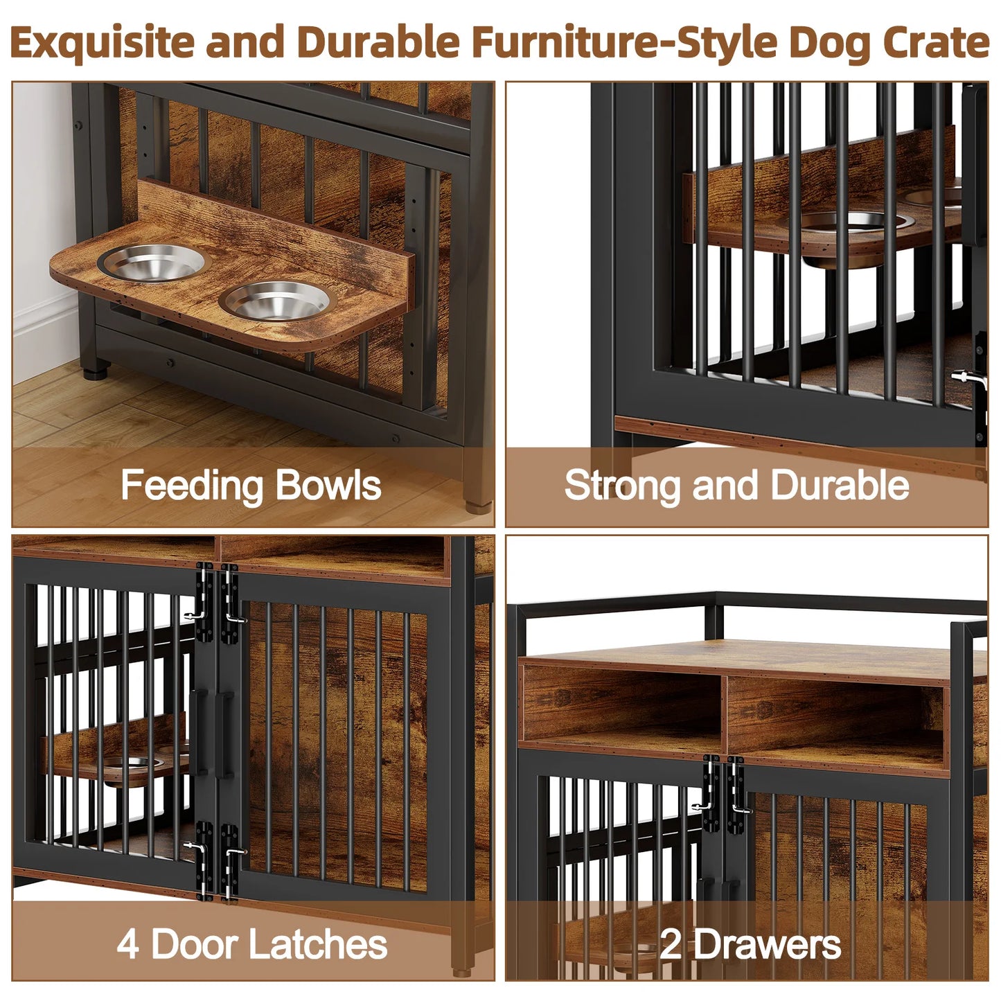 M -41" L- 48" Wooden Dog Crate with Storage Drawers and Adjustable Raised Feeder