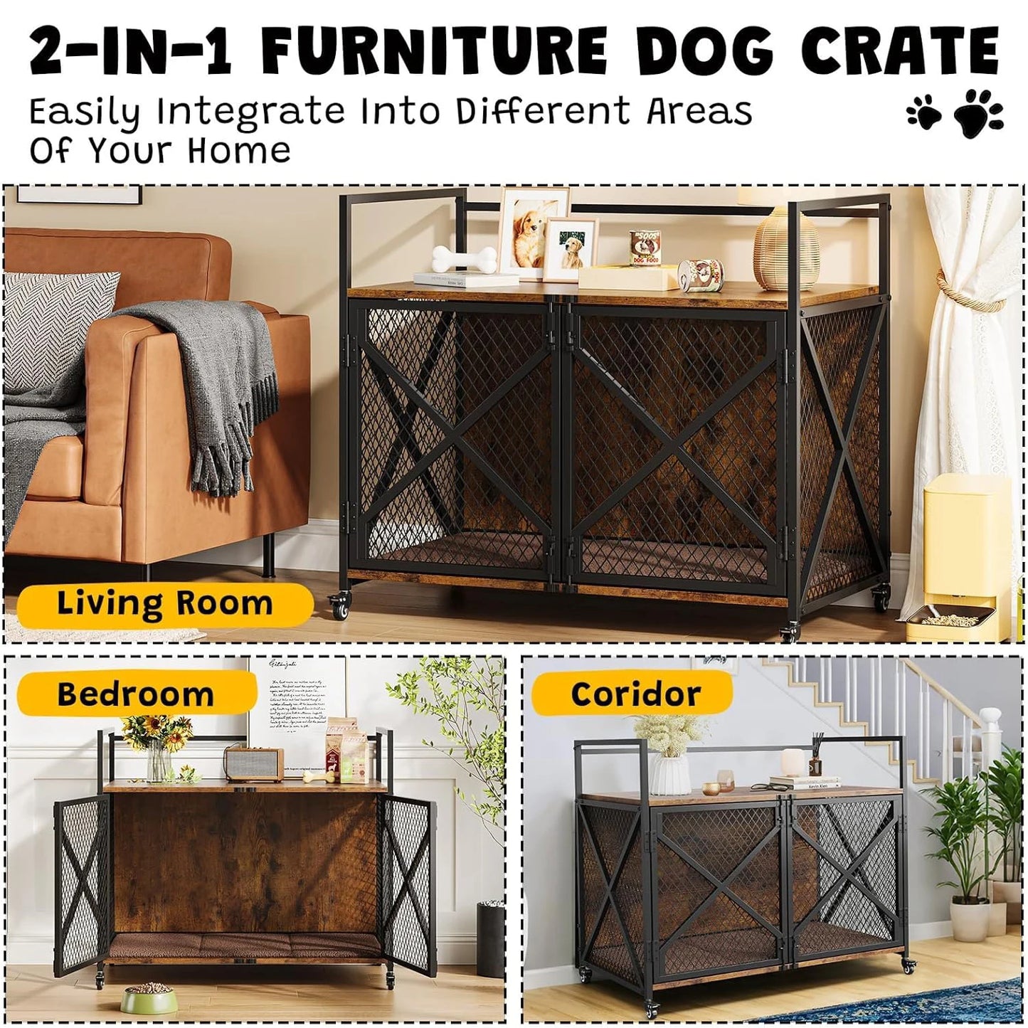 Small 31" Large 41" Heavy Duty Wooden Dog Crate Kennel , End Table with Lockable Wheels