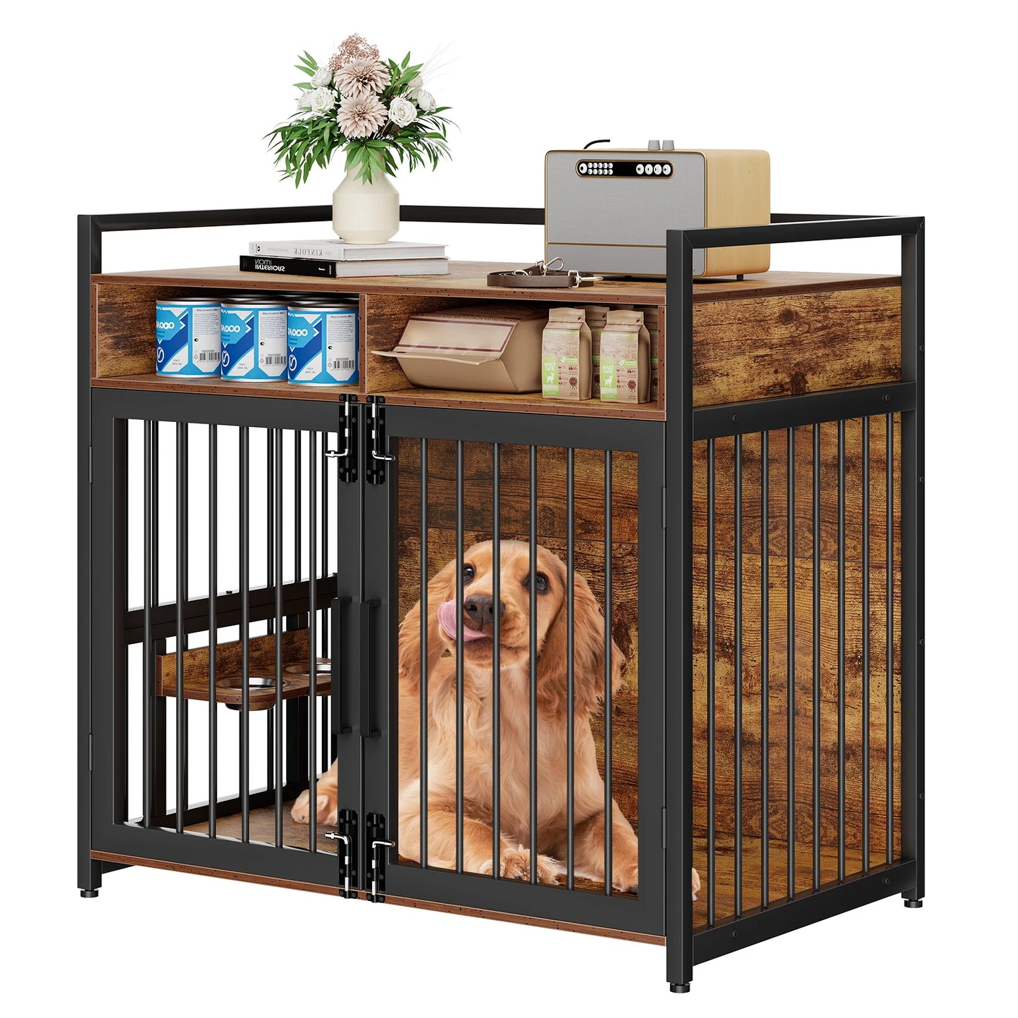 M -41" L- 48" Wooden Dog Crate with Storage Drawers and Adjustable Raised Feeder