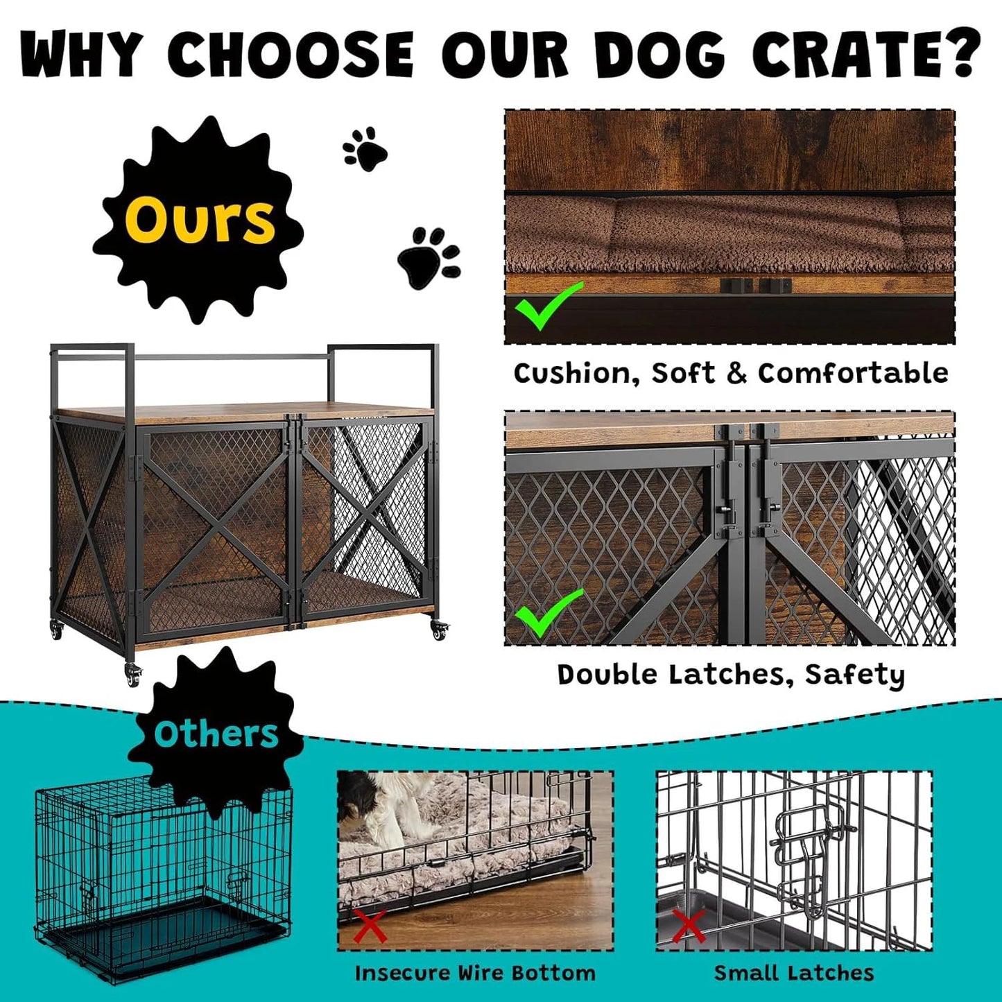 Small 31" Large 41" Heavy Duty Wooden Dog Crate Kennel , End Table with Lockable Wheels