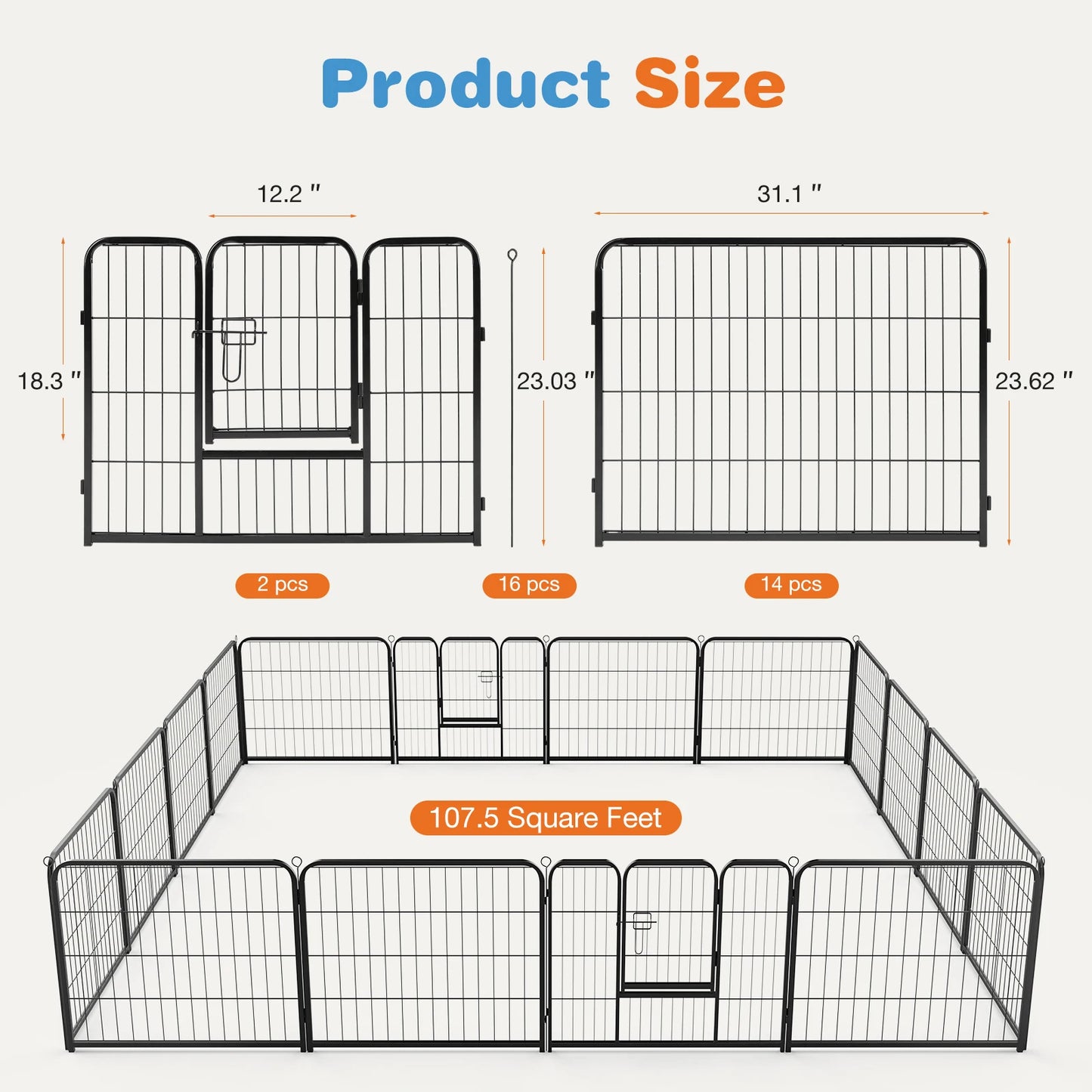 M- 24" L- 32" 16-Panel Metal Dog Playpen- Exercise Yard with Doors
