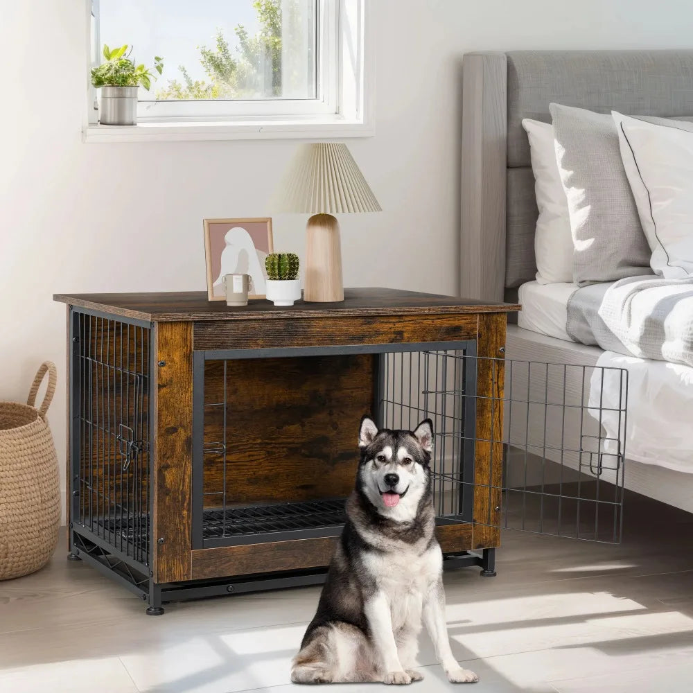 L - 38" Wooden End Table Dog Crate Kennel with Double-Doors and Divider
