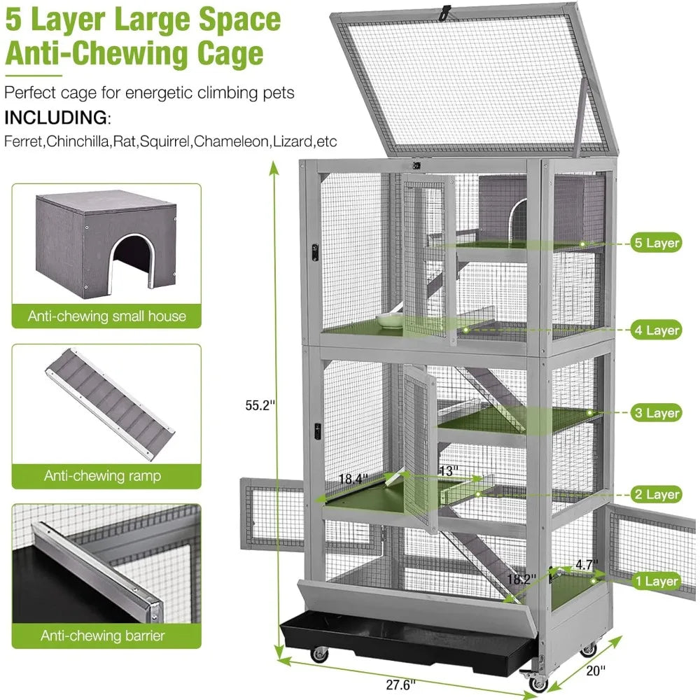 5 Level Anti-Chewing Small Animal Cage for Ferret, Rat, Chinchilla, Hedgehogs, Squirrel, Chameleon, Lizard, Gerbils