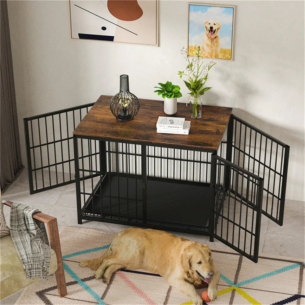 Large - Extra Large Wooden Dog Crate Kennel Furniture End Table with 3 Doors
