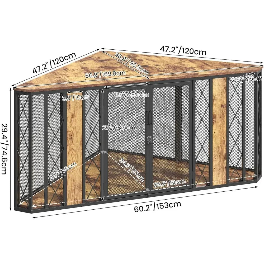 66" - Large Corner Furniture Dog Crate; Decorative Wood; Heavy Duty