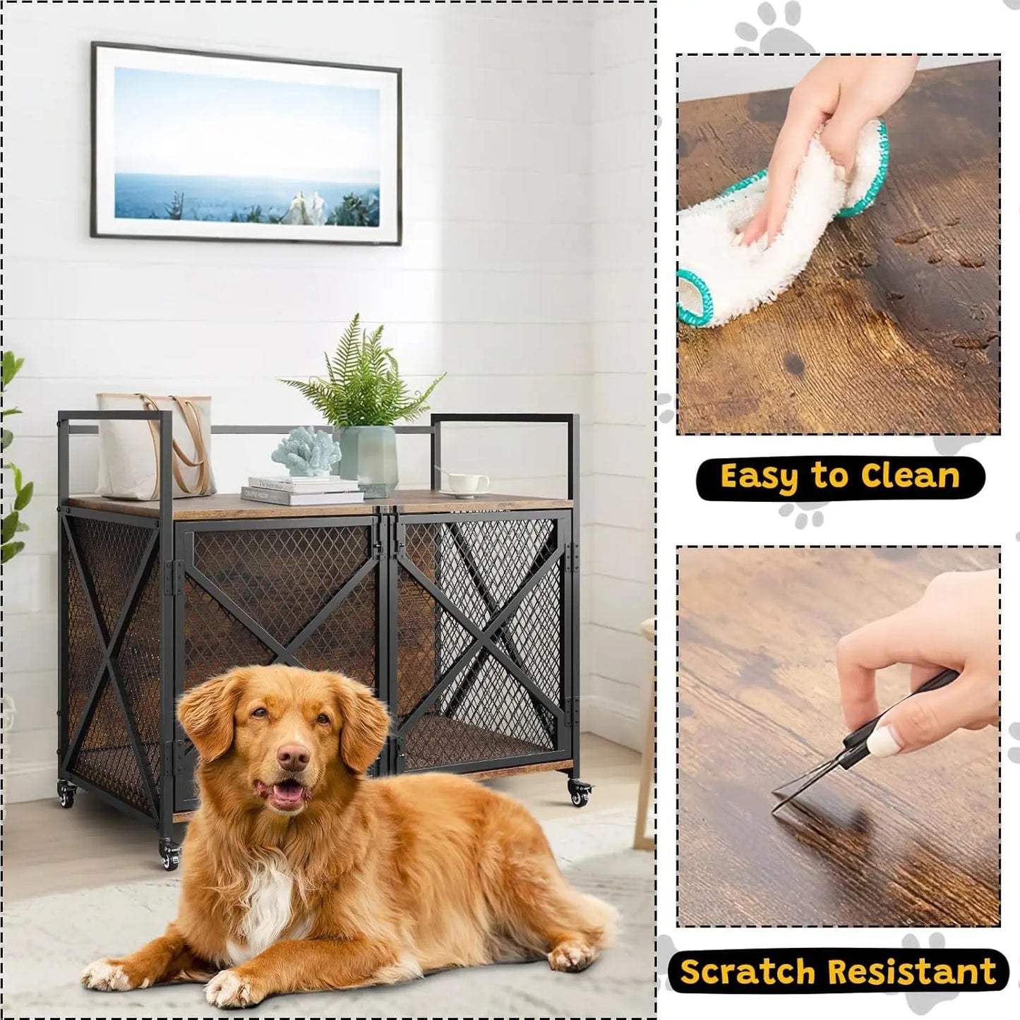 Small 31" Large 41" Heavy Duty Wooden Dog Crate Kennel , End Table with Lockable Wheels