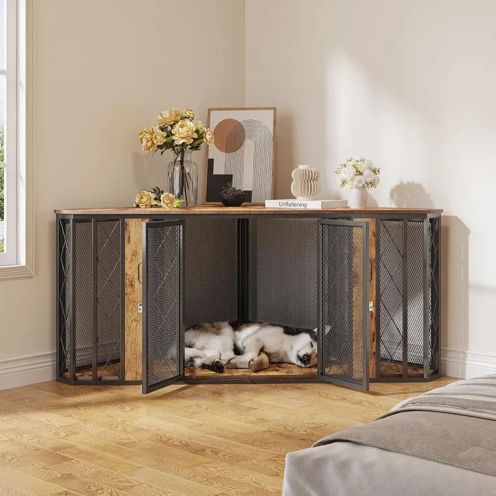 66" - Large Corner Furniture Dog Crate; Decorative Wood; Heavy Duty