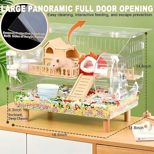 2-Layer Acrylic/Transparent Hamster Habitat Cage with Accessories for Dwarf Hamsters, Mice, and Gerbils