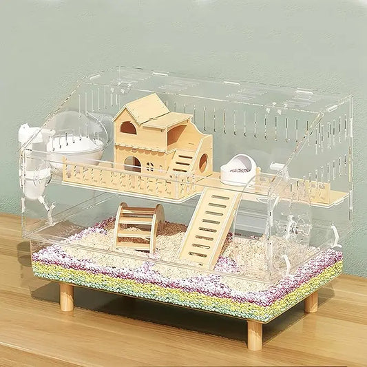 2-Layer Acrylic/Transparent Hamster Habitat Cage with Accessories for Dwarf Hamsters, Mice, and Gerbils