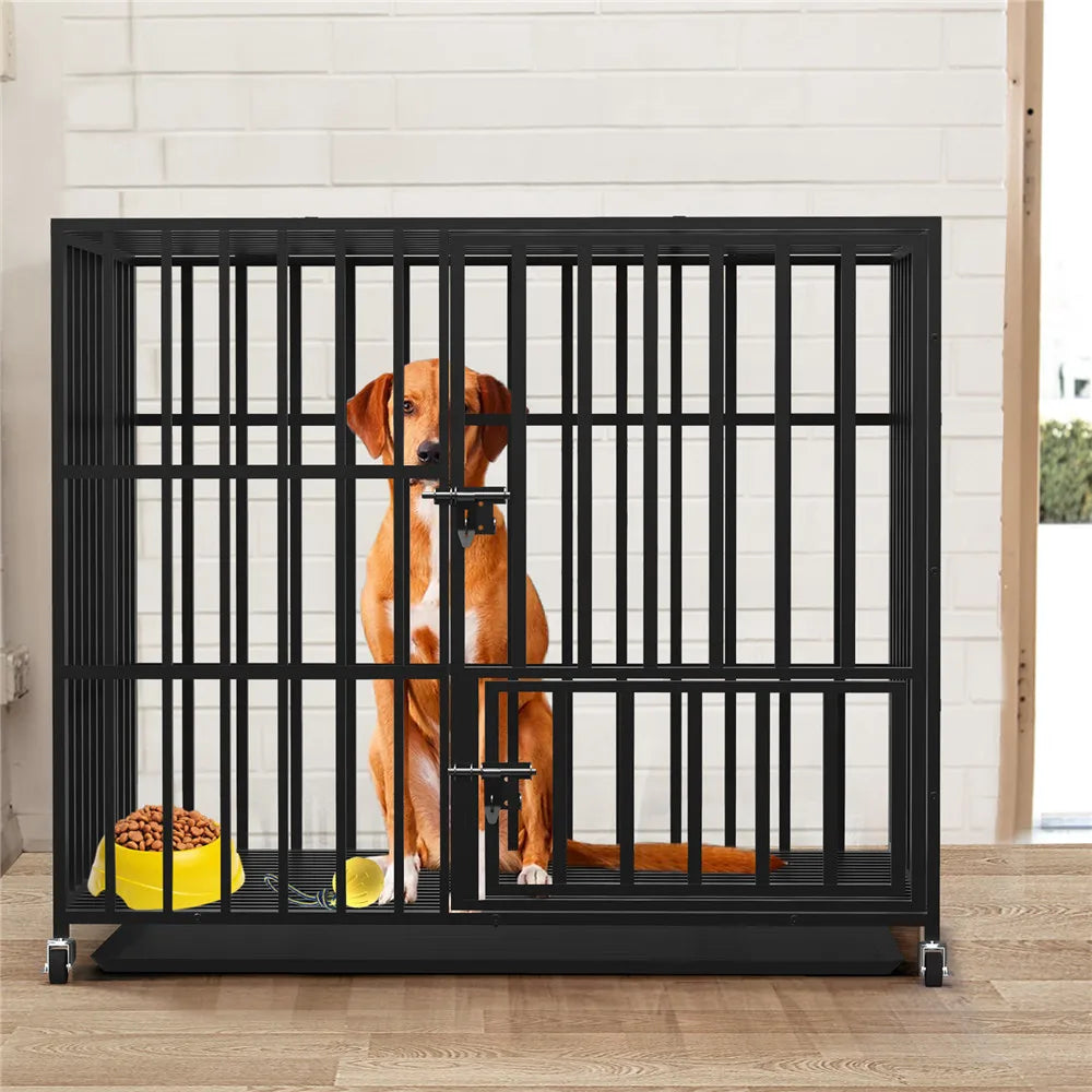 L- 37”  XL- 42”  XXL- 46” Heavy Duty Metal Dog Crate Kennel with 4 -Wheels and 3 Doors