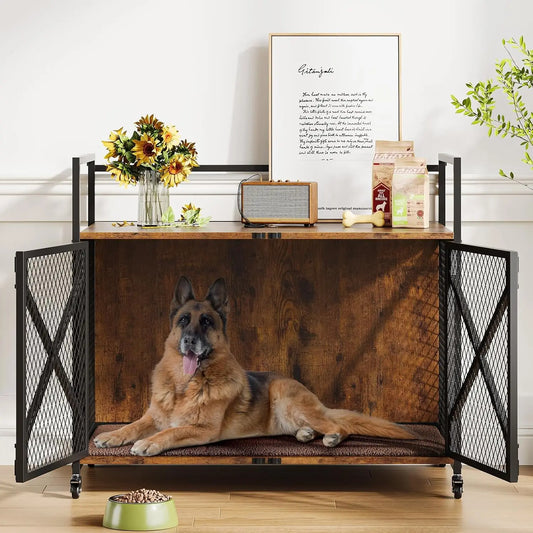 Small 31"   Large 41"  Heavy Duty Wooden Dog Crate Kennel , End Table with Lockable Wheels