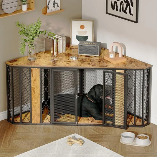 66" - Large Corner Furniture Dog Crate;  Decorative Wood; Heavy Duty