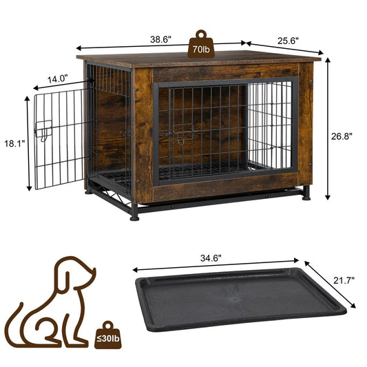 L - 38" Wooden End Table Dog Crate  Kennel with Double-Doors and Divider