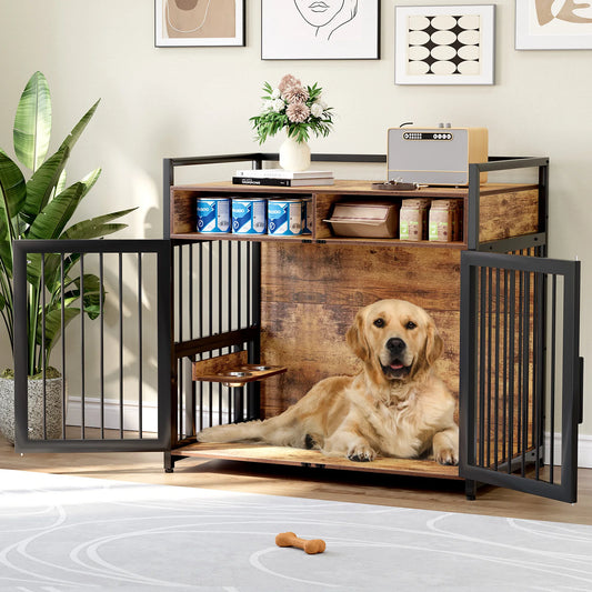 M -41"   L- 48"   Wooden Dog Crate  with Storage Drawers and Adjustable Raised Feeder