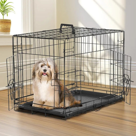 Medium 30" Folding Metal Dog Crate with Plastic Leak-Proof Pan Tray