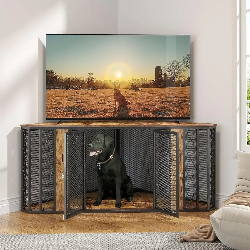 66" - Large Corner Furniture Dog Crate;  Decorative Wood; Heavy Duty