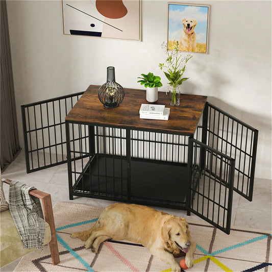 Large - Extra Large Wooden Dog Crate Kennel Furniture End Table  with 3 Doors
